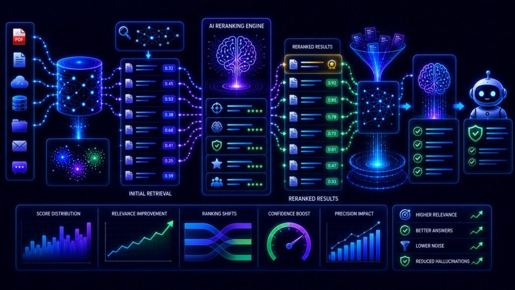 Reranking in RAG visual showing semantic retrieval, AI reranking models, vector databases, and contextual relevance scoring