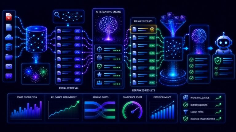 Reranking in RAG visual showing semantic retrieval, AI reranking models, vector databases, and contextual relevance scoring