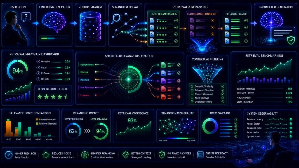 Retrieval precision in RAG visual showing semantic retrieval optimization, contextual filtering, vector databases, and AI evaluation systems