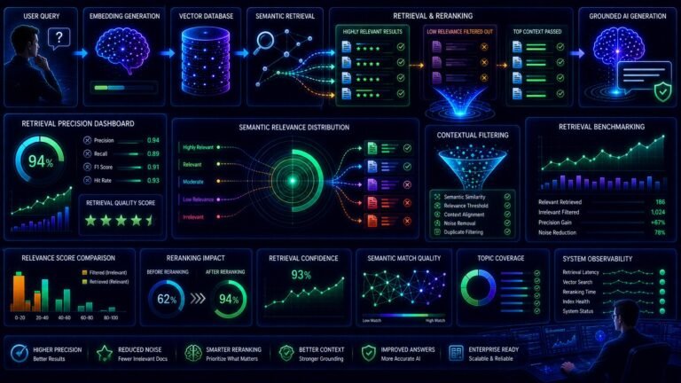 Retrieval precision in RAG visual showing semantic retrieval optimization, contextual filtering, vector databases, and AI evaluation systems