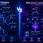 Semantic search vs RAG visual showing embeddings, semantic retrieval, vector databases, and grounded AI response generation