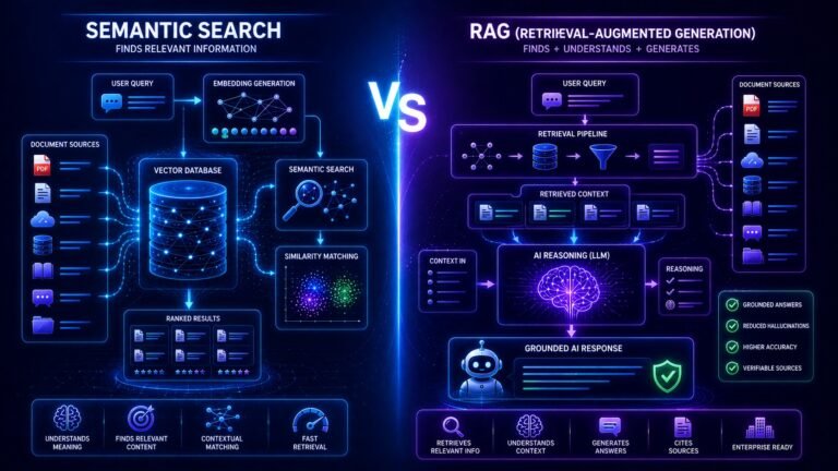 Semantic search vs RAG visual showing embeddings, semantic retrieval, vector databases, and grounded AI response generation