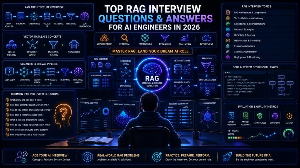 RAG interview questions visual showing vector databases, retrieval pipelines, embeddings, semantic search, and AI engineering interview preparation