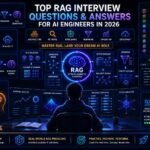 RAG interview questions visual showing vector databases, retrieval pipelines, embeddings, semantic search, and AI engineering interview preparation