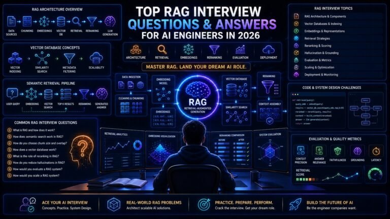 RAG interview questions visual showing vector databases, retrieval pipelines, embeddings, semantic search, and AI engineering interview preparation