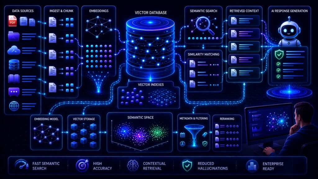 Vector database for RAG visual showing semantic search, embeddings storage, AI retrieval systems, and vector indexing
