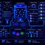 Vector database for RAG visual showing semantic search, embeddings storage, AI retrieval systems, and vector indexing