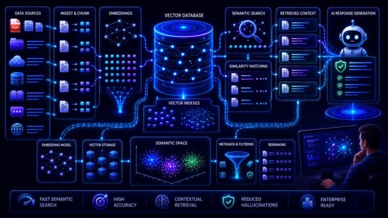 Vector database for RAG visual showing semantic search, embeddings storage, AI retrieval systems, and vector indexing