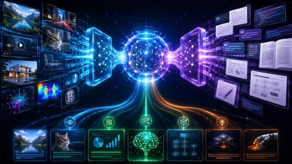 Vision language models explained architecture showing images, text prompts, visual encoders, language encoders, embeddings, and AI reasoning connected together