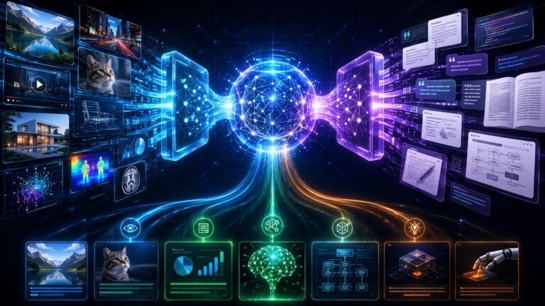 Vision language models explained architecture showing images, text prompts, visual encoders, language encoders, embeddings, and AI reasoning connected together