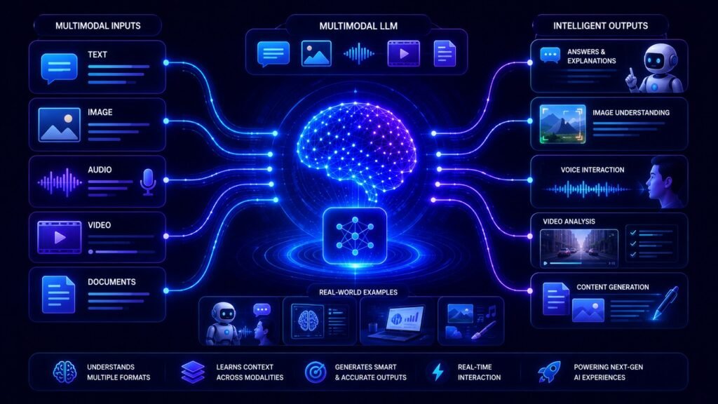 Multimodal llms: Multimodal LLM visual showing AI processing text, images, audio, video, and documents