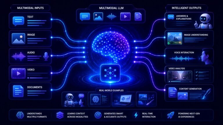 Multimodal llms: Multimodal LLM visual showing AI processing text, images, audio, video, and documents