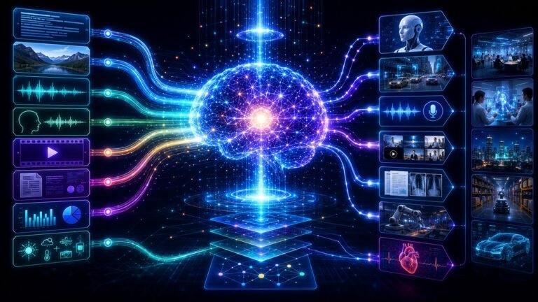What is multimodal AI: Multimodal AI system showing text, images, audio, video, speech, documents, charts, and AI reasoning connected in one unified intelligence architecture