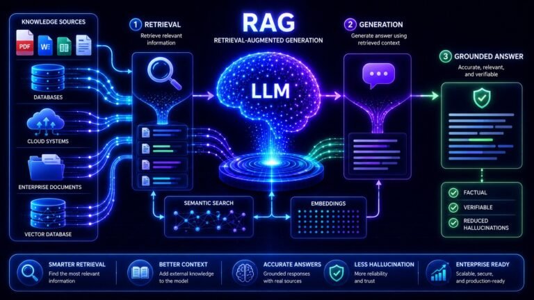 What is RAG in AI visual showing retrieval pipelines, vector databases, document search, and grounded AI response generation