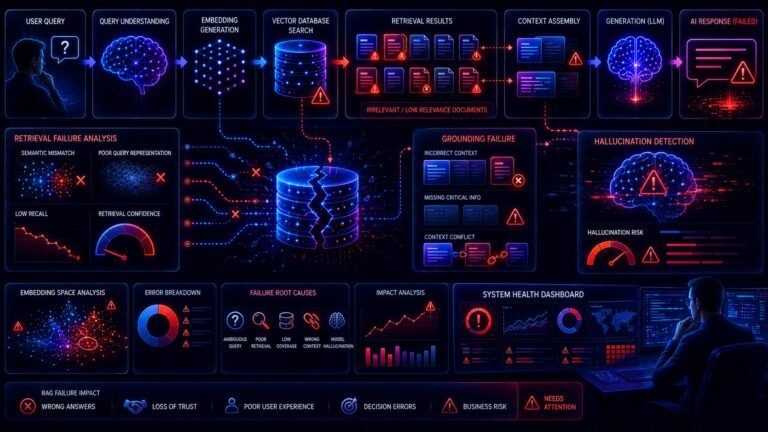 Why RAG gives wrong answers visual showing hallucinations, retrieval failures, semantic search errors, and AI grounding issues