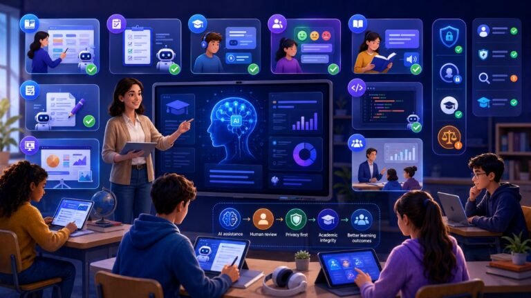 10 Best AI Tools for Education:AI education dashboard showing lesson planning, tutoring, quizzes, student feedback, study notes, classroom engagement, and teacher review workflows