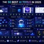 50 Best AI Tools in 2025: AI tools command center showing writing, research, coding, design, SEO, video, automation, business productivity, and analytics workflows