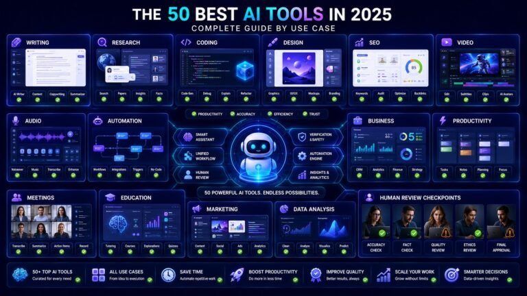50 Best AI Tools in 2025: AI tools command center showing writing, research, coding, design, SEO, video, automation, business productivity, and analytics workflows