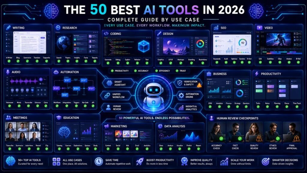 The 50 Best AI Tools in 2025:AI tools command center showing writing, research, coding, design, SEO, video, automation, business productivity, and analytics workflows
