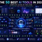 The 50 Best AI Tools in 2025:AI tools command center showing writing, research, coding, design, SEO, video, automation, business productivity, and analytics workflows