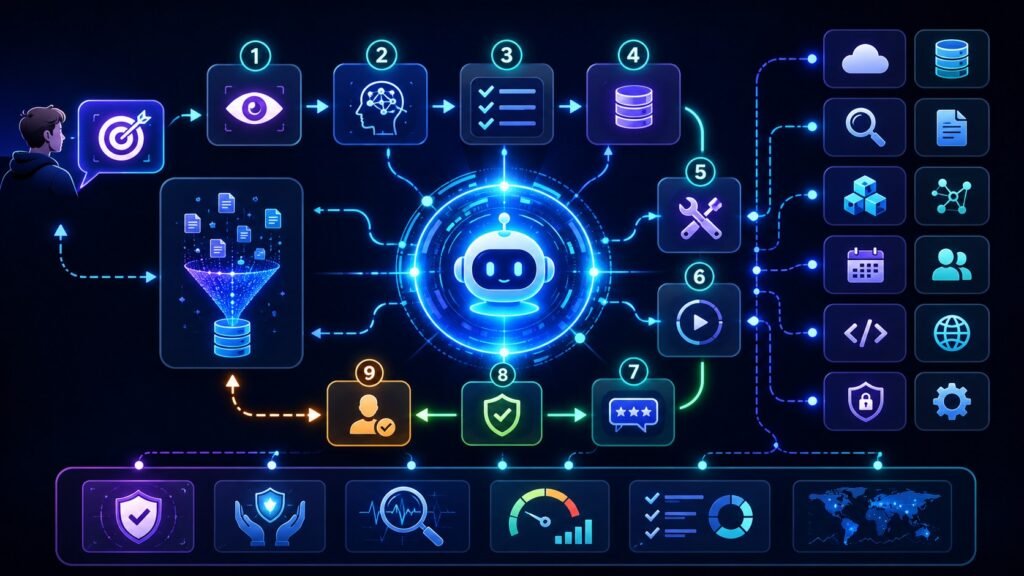 Agentic AI architecture: Agentic AI architecture diagram showing perception, planning, memory, tool use, action, feedback, evaluation, and human approval
