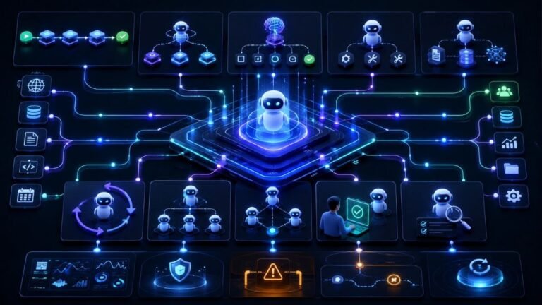 Agentic AI design patterns dashboard showing workflows, routers, planning loops, tools, multi-agent systems, human review, observability, and safety controls