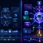 agentic AI explained simply: Agentic AI explained simply with traditional AI analyzing data on one side and agentic AI planning, using tools, and taking actions on the other