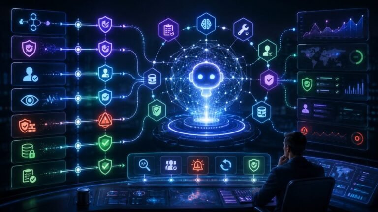 Agentic AI Governance : Agentic AI governance dashboard showing AI agent risks, controls, permissions, human approval, audit logs, monitoring, and accountability checks