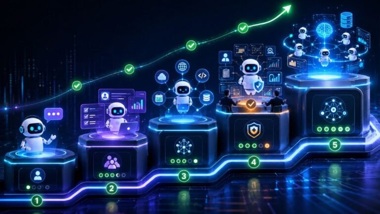 Agentic AI Maturity Models: Agentic AI maturity model roadmap showing stages from AI assistants to tool-using agents, multi-agent workflows, autonomous agents, governance, and monitoring