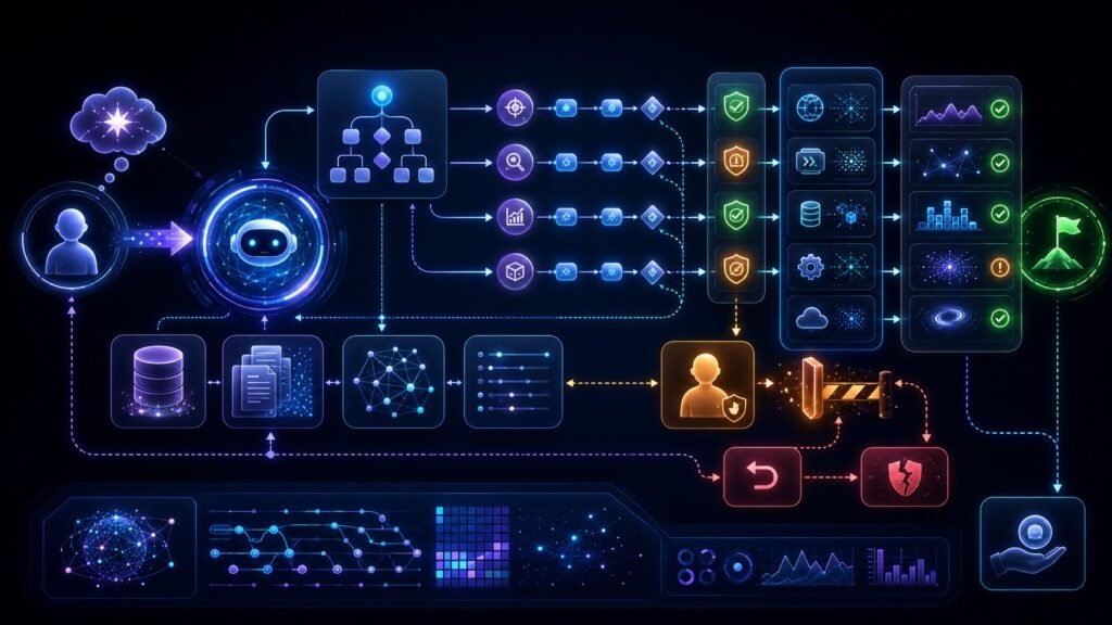 how Agentic AI handles multi-step decision making workflow showing goals, planning, tool use, memory, feedback loops, evaluation, observability, and human approval