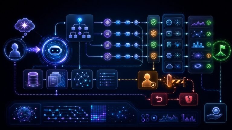 how Agentic AI handles multi-step decision making workflow showing goals, planning, tool use, memory, feedback loops, evaluation, observability, and human approval