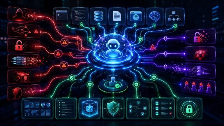 Agentic AI Security Risks Explained: Agentic AI security dashboard showing prompt injection, tool misuse, data leakage, agent identity, access control, monitoring, and human approval