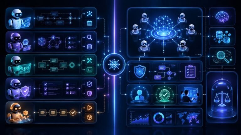 Agentic AI vs AI Agents: Agentic AI vs AI agents comparison showing individual AI agents inside a larger agentic AI system with tools, memory, orchestration, and human review