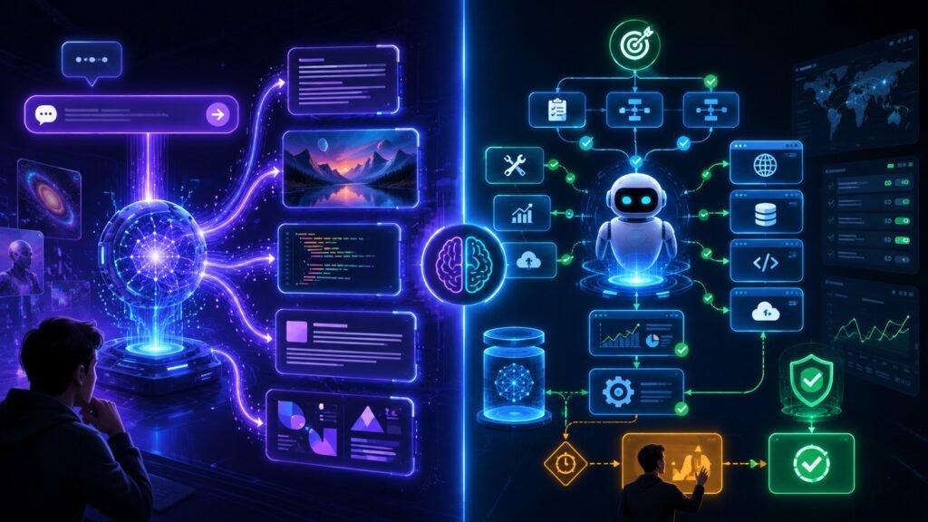 Agentic AI vs generative AI : Agentic AI vs generative AI comparison showing generative AI creating content and agentic AI planning tasks, using tools, and completing workflows