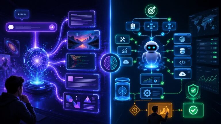 Agentic AI vs generative AI : Agentic AI vs generative AI comparison showing generative AI creating content and agentic AI planning tasks, using tools, and completing workflows