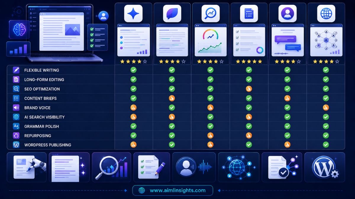 Comparison matrix of AI blog writing tools for drafting, SEO optimization, editing, brand voice, content briefs, and publishing