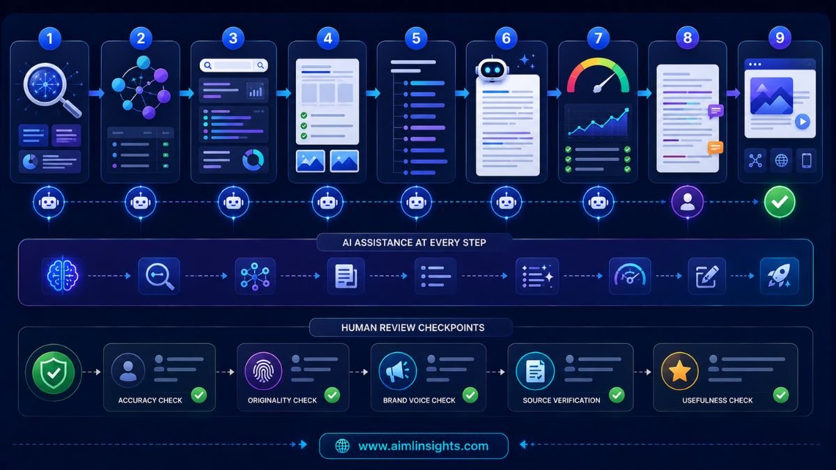 AI blog writing workflow showing topic research, keyword planning, outlines, drafting, SEO optimization, editing, and publishing