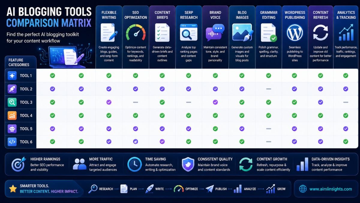 AI blog tool comparison matrix showing writing, SEO, content briefs, editing, visuals, publishing, and analytics features