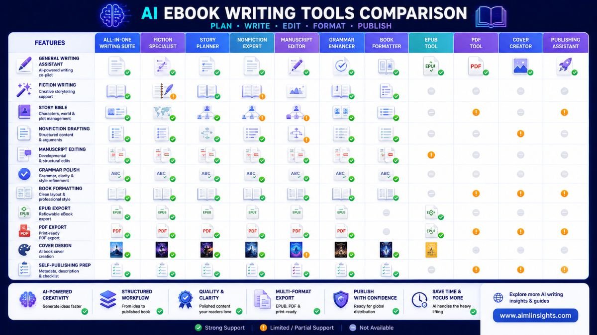 Best AI Tools for Writing eBooks:AI eBook writing dashboard showing chapter planning, manuscript drafting, editing, cover design, EPUB formatting, publishing checklist, and author review