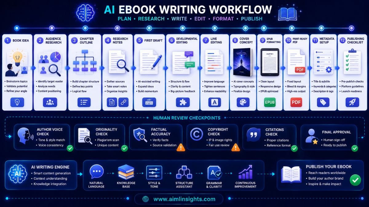 AI eBook writing workflow showing book idea, outline, research, drafting, editing, cover design, EPUB formatting, and publishing review
