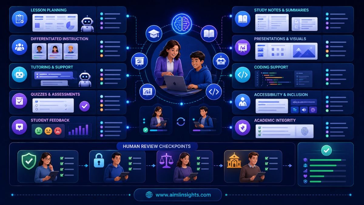 AI education tool stack showing lesson planning, differentiated instruction, tutoring, quizzes, feedback, study notes, presentations, coding, and privacy review