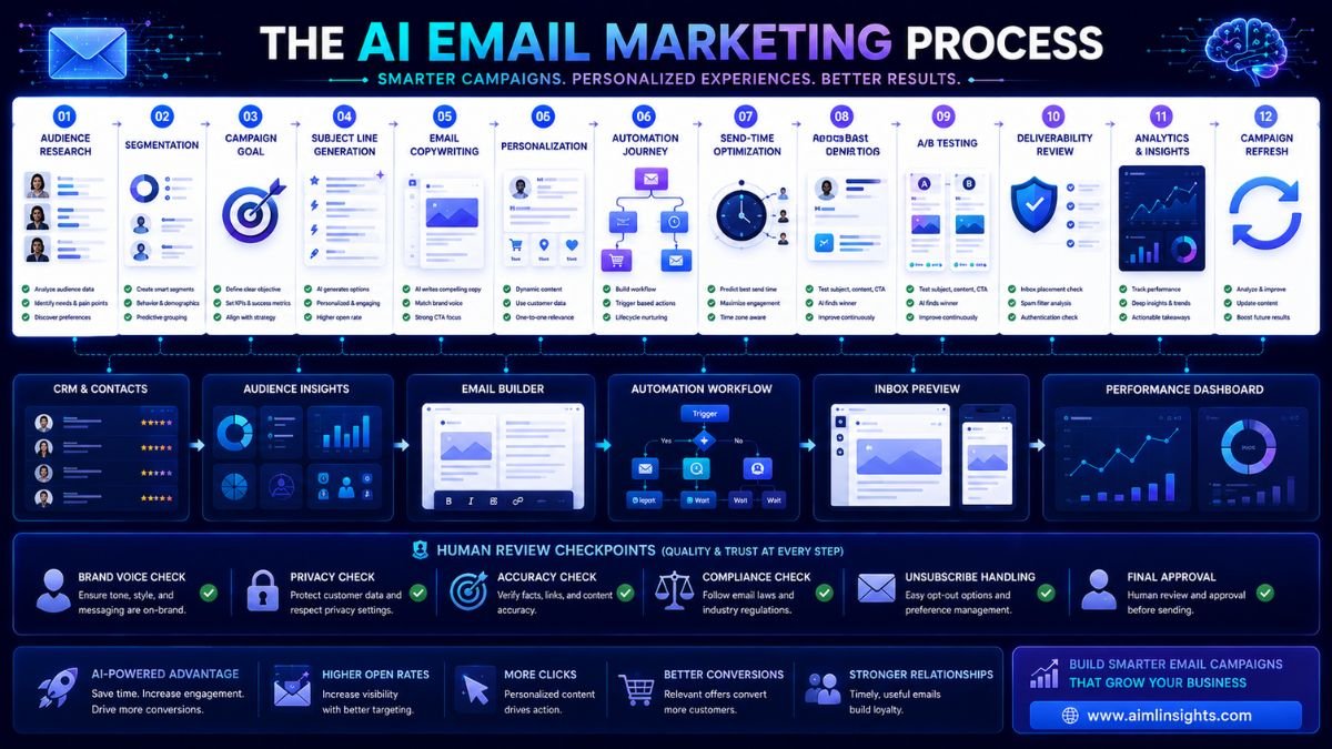 AI email marketing workflow showing segmentation, subject lines, copywriting, personalization, automation, testing, deliverability, analytics, and review