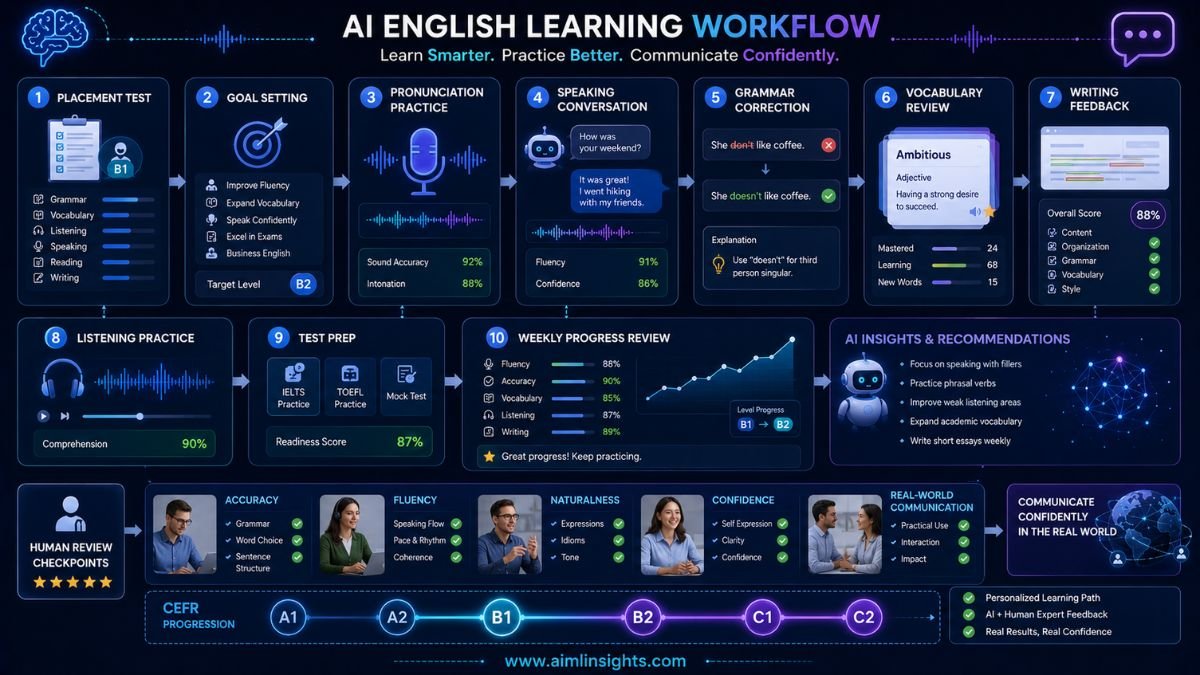 AI English learning workflow showing placement test, speaking practice, pronunciation, grammar correction, writing feedback, vocabulary, and progress review
