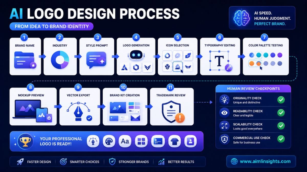 AI logo design workflow showing brand prompt, logo generation, typography editing, color testing, vector export, brand kit, and trademark review
