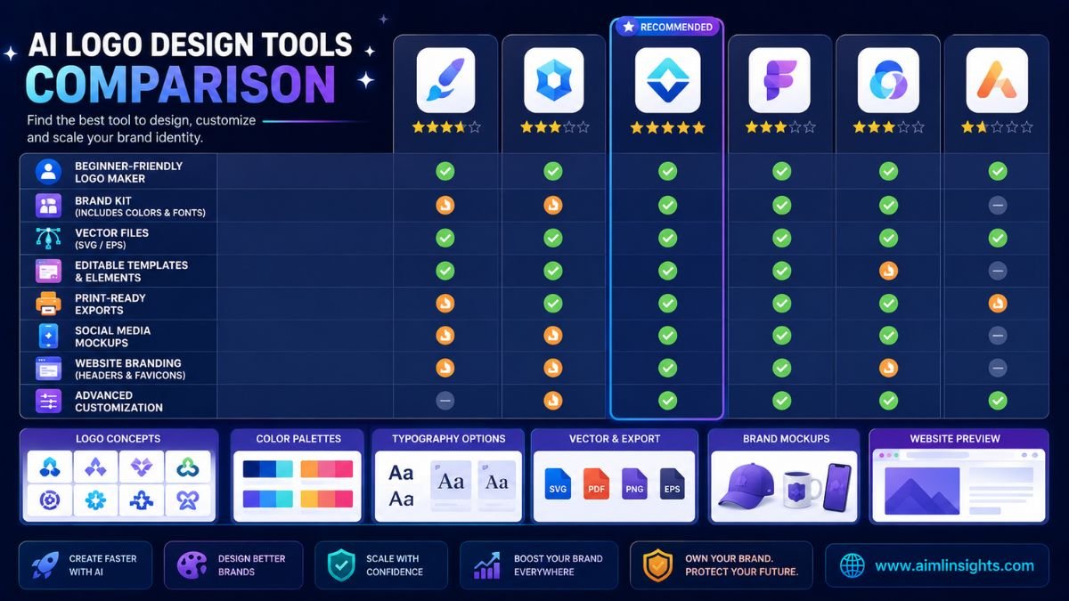 Comparison matrix of AI logo makers showing beginner tools, brand kits, vector files, editable templates, print exports, and social media mockups