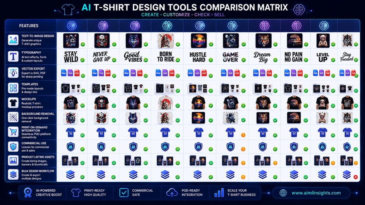 Comparison matrix of AI T-shirt design tools for graphics, typography, vector export, templates, mockups, POD integration, and commercial use