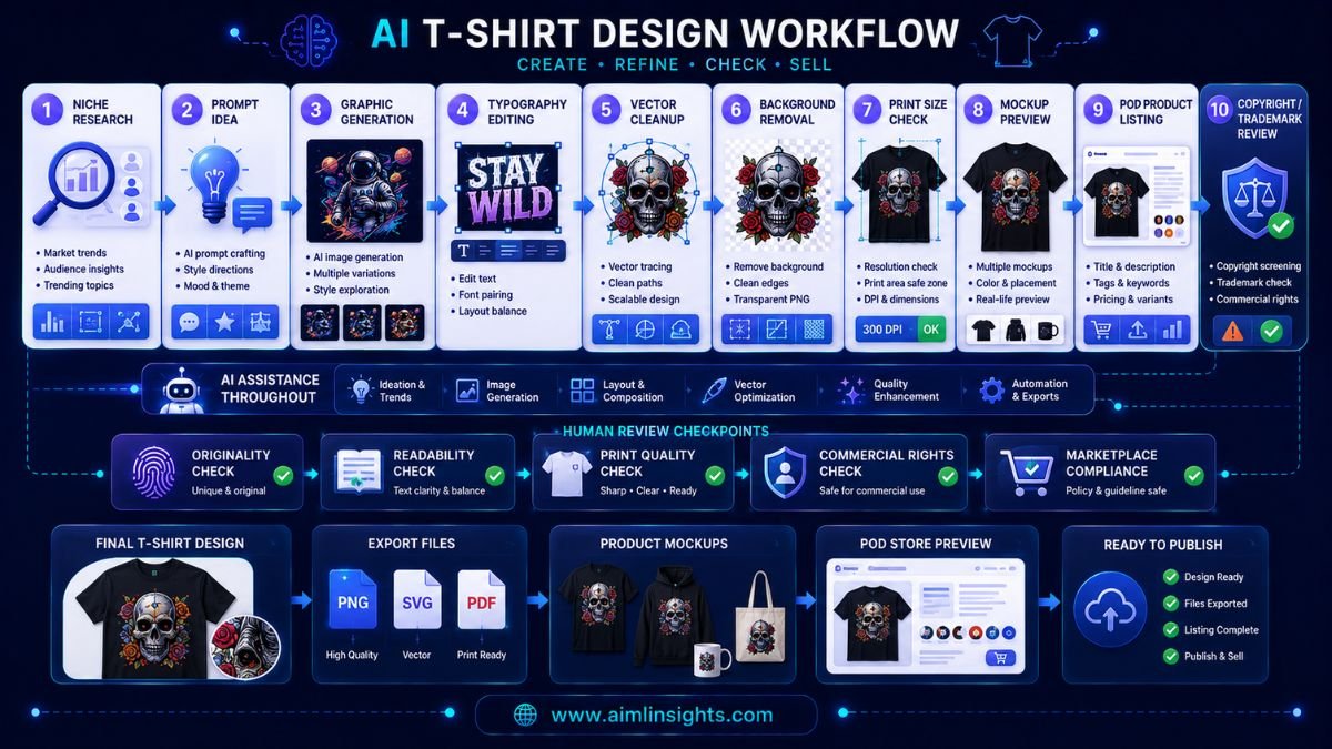 AI T-shirt design workflow showing niche research, graphic generation, typography editing, print checks, mockups, POD listing, and copyright review