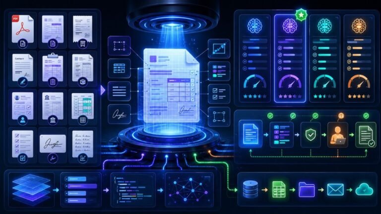 AI tools for document extraction comparison showing PDFs, invoices, forms, tables, OCR fields, validation checks, and workflow automation