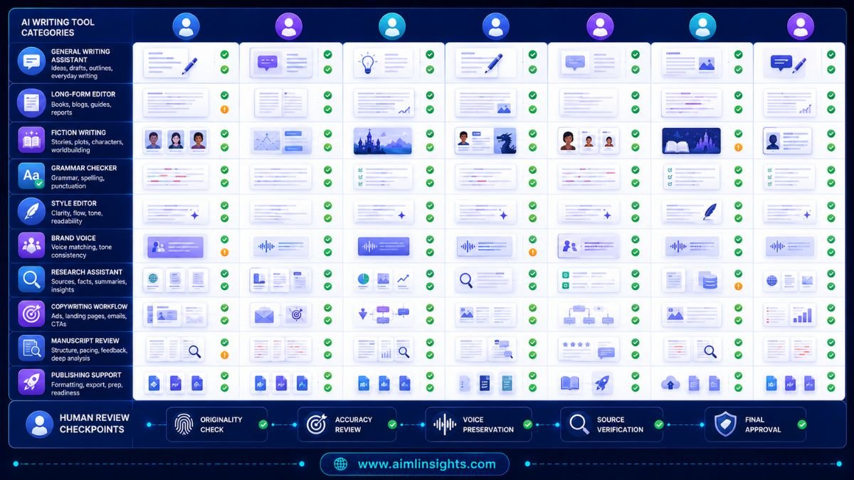Comparison matrix of AI writing tools for drafting, editing, fiction writing, grammar, brand voice, research, manuscript review, and publishing