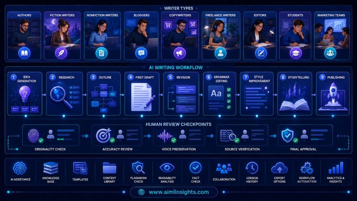 AI writing workflow showing tools for authors, bloggers, copywriters, editors, research, drafting, revision, and human review